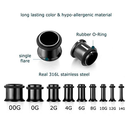 vcmart 14G-00G 36 pcs Ear Gauges Stretching Kit Tapers Plugs Eyelets Implant Grade Steel - color: Black