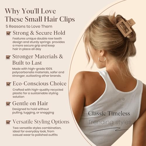 8 Pcs Medium Hair Clips for Women Girls - 2 Styles Rectangle and Double Row Teeth Small Claw Clips for Thin Fine Thick Hair, Matte Non-slip Strong Hold Jaw Clips Hair Accessories, Brown - color: Brown