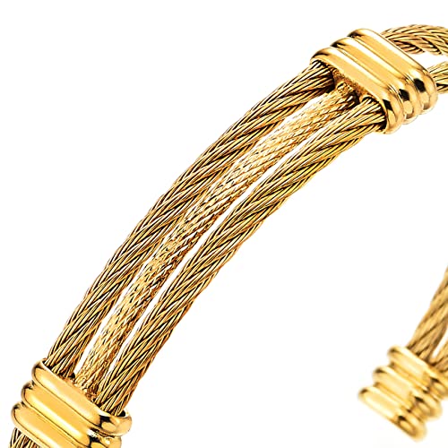 COOLSTEELANDBEYOND Men Women Stainless Steel Twisted Cable Adjustable Cuff Bangle Bracelet - color: L-Metal Color: Gold