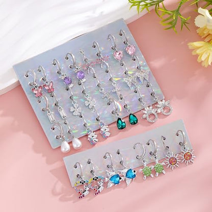 16 Pairs Hypoallergenic Silver Small Hoop Dangle Earrings Set for Girls | Cute Heart Cat Butterfly Pearl Bow Huggie Hoop Dangle Earrings for Women Little Girls Kids Jewelry Gift