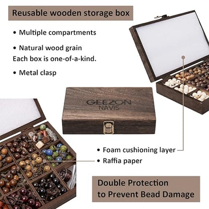 Geezon Navis DIY Bracelet Making Kit Natural Wooden Stone Beads Gift Craft | 10mm 296pcs 16 Colors - Natural & Unique, ALL-IN-ONE , One-of-a-kind, Starter, Gift, Immersive Handcraft, Calming, Meditate
