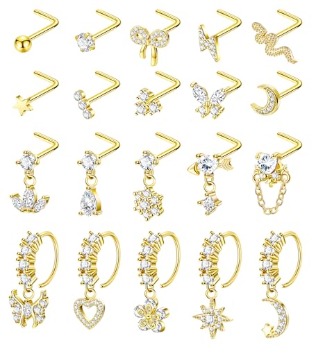 20Pcs 20G Dangle Nose Rings for Women Surgical Steel L Shaped Dangling Nose Studs Dainty Nose Ring Hoop Set CZ Heart Flower Butterfly Moon Nose Piercing Jewelry - color: Gold Clear Nose Rings
