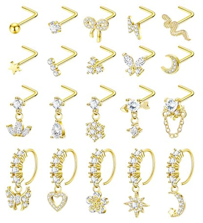 20Pcs 20G Dangle Nose Rings for Women Surgical Steel L Shaped Dangling Nose Studs Dainty Nose Ring Hoop Set CZ Heart Flower Butterfly Moon Nose Piercing Jewelry - color: Gold Clear Nose Rings