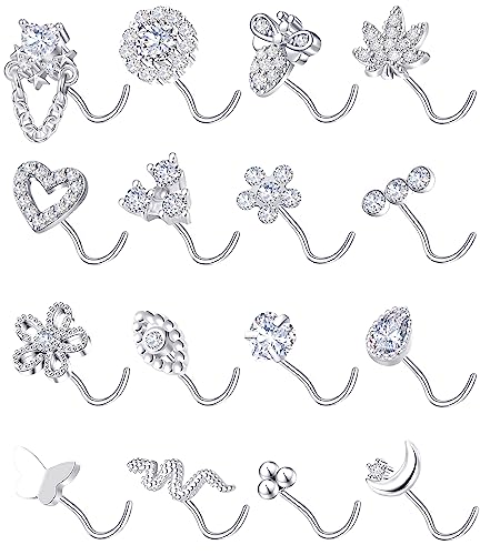 Tornito 16Pcs Nose Stud Rings L Screw Shaped Nose Ring Flower Snake Butterfly Heart Eye CZ Dangle Nose Rings Stud Body Piercing Jewelry for Women Men 20G Silver Pink Tone - color: D:Silver CZ(Screw Shaped)
