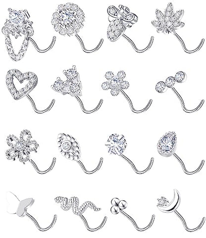 Tornito 16Pcs Nose Stud Rings L Screw Shaped Nose Ring Flower Snake Butterfly Heart Eye CZ Dangle Nose Rings Stud Body Piercing Jewelry for Women Men 20G Silver Pink Tone - color: D:Silver CZ(Screw Shaped)
