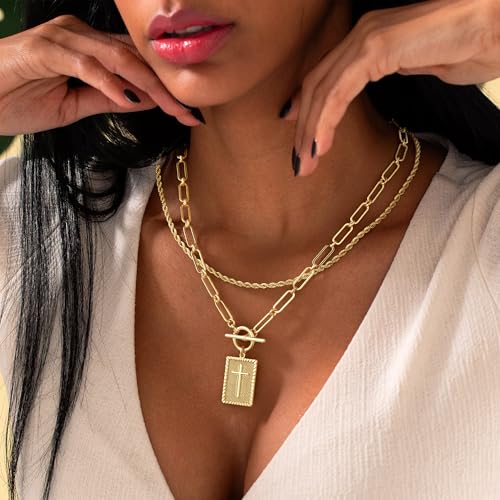 M MOOHAM Cross Necklace for Women Non Tarnish - 14K Gold Plated Dainty Clover Cross Layered Necklaces Stack Set Herringbone Figaro Paperclip Chain Necklace Trendy Religious Baptism Faith Jewelry Gifts - color: cross-rope chain