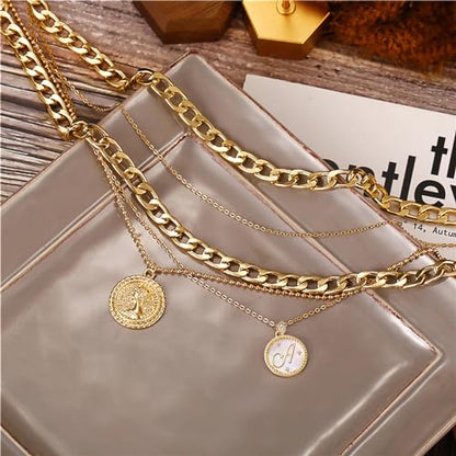 MJartoria Layered Necklaces for Women Trendy Retro Mother of Pearl Coin Letter Pendant Necklace Dainty Chunky Chain Choker Necklaces for Jewelry Birthday Gifts - style: A.