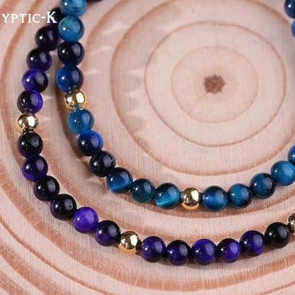 Natural Stone&925 Sterling Silver/18K Gold Anklet,│4MM│9-12 in│, Hand Woven, Adjustable Size - color: 925 Sterling Silver&Blue Tiger's,4MM