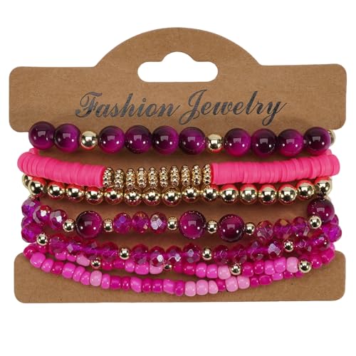 7Pcs Bohemia Multilayer Stackable Crystal Beaded Bracelet Set Multicolor Surfer Heishi Clay Gold Beaded Friendship Stretch Bracelets for Women Men Summer Beach Boho Vacation Jewelry Gifts - color: Hot pink