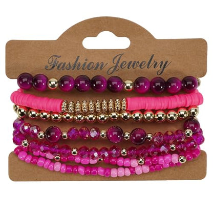 7Pcs Bohemia Multilayer Stackable Crystal Beaded Bracelet Set Multicolor Surfer Heishi Clay Gold Beaded Friendship Stretch Bracelets for Women Men Summer Beach Boho Vacation Jewelry Gifts - color: Hot pink