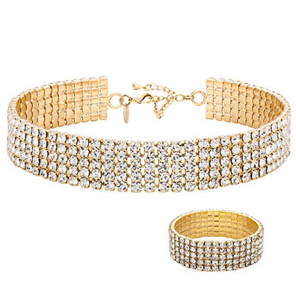 Zealmer 18K Yellow Gold Plated 1-5 Rows Rhinestone Choker Necklace & Stretch Bracelets Set Wedding Jewelry - style: 5 Row