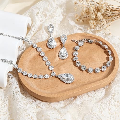 Silver Plated Necklace Earrings Bracelet Crystal Bridal Wedding Jewelry Sets for Wedding princess birthday party Halloween Prom Pageant Jewelry - color: 1-white