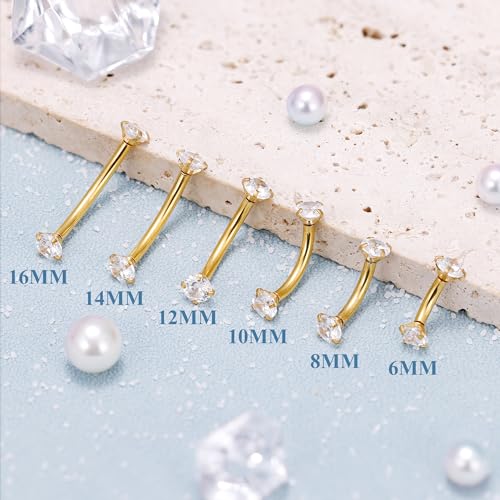 5PCS 14G 316L Stainless Steel Small Belly Button Rings for Women Tiny Simple Internally Threaded Navel Rings Hypoallergenic Petite CZ Opal Eyebrow Lip Daith Rook Piercing Jewelry 6-16MM - color: Gold, size: Bar Length：14MM ( long )