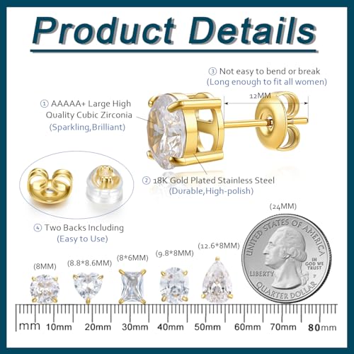 Oversized Bling Cubic Zirconia Stud Earrings Set, 5 Pairs Luxury 18K Real Gold Plated Stainless Steel Earrings, Waterproof Anti-Tarnish Hypoallergenic Ear Studs, Sparkling Jewelry for Women Teen Daily Wear Wedding Gifts