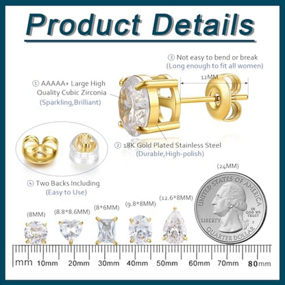 Oversized Bling Cubic Zirconia Stud Earrings Set, 5 Pairs Luxury 18K Real Gold Plated Stainless Steel Earrings, Waterproof Anti-Tarnish Hypoallergenic Ear Studs, Sparkling Jewelry for Women Teen Daily Wear Wedding Gifts