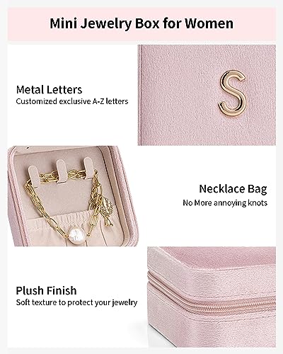 VLANDO Jewelry Box Travel, Letter R Case with Necklace Hooks | Seven Ring Rolls Separate Small Pieces, Soft Interior, Bridesmaid Gift, Wedding Travel, Soft Pink - color: Pink, size: Letter R