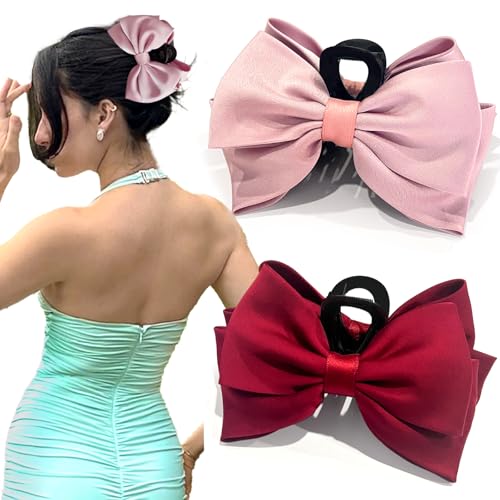 ISCRM Bow Hair Claw Clips for Women/Girls,Strong Hold Large Bow Claw Clip for Thick/Thin Hair Claws,Nonslip Silky Big Hair Bows Ribbons,Cute Hair Styling Accessories Gifts (red,pink) - color: red,pink