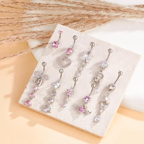 MEDOJO 7Pcs Belly Button Ring Pink Surgical Stainless Steel Belly Ring Bow Butterfly Heart Flower Navel Ring Belly Piercing for Women - color: Pink