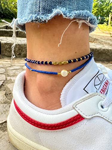 Made by Nami Boho Surfer Anklet Waterproof & Adjustable Beaded Anklets for Women Beachy Ankle Bracelet Made from Waxed Cotton Rope and Beads for Summer and Hippie Style - color: Blue Pearl