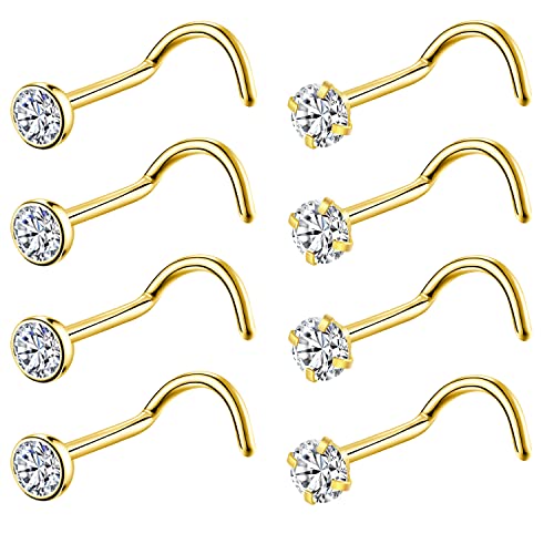 8PCS G23 Titanium Twist Screw Nose Studs 18G 20G Nose Rings 2mm 2.5mm 3mm Clear Pink Purple Aurora CZ Gold Nose Piercing Studs Nostril for Women Men - style: 20g gold clear cz 3mm