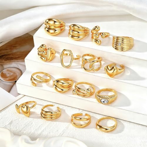 Chunky Rings for Women Non Tarnish 14k Stackable Dome Statement Rings Sets Vintage Dainty Knuckle Open Midi Finger Rings Jewelry Pack Gifts - style: Gold 16PCS