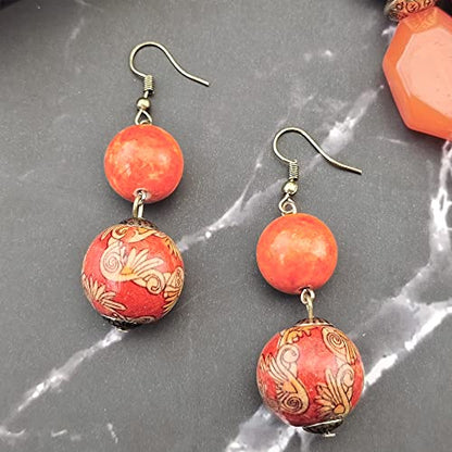 Bocar 3 Layer Chunky Statement Beaded Necklace and Earrings Set, Fashion Multi Layer Women Collar Necklace Jewelry Set - color: Orange