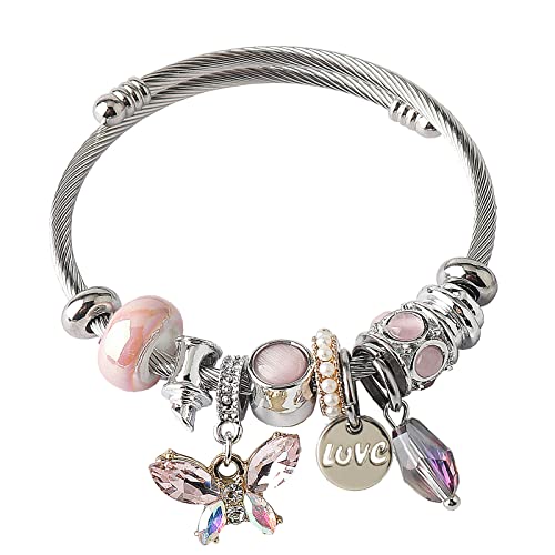 DS Charm Bracelets for girls,exquisite cute cartoon friendship bracelets Silver Stainless Steel Bangle with birthday Gift box, Adjustable girls jewelry Suitable for holiday gifts - style: Silver-pink butterfly