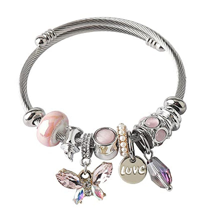 DS Charm Bracelets for girls,exquisite cute cartoon friendship bracelets Silver Stainless Steel Bangle with birthday Gift box, Adjustable girls jewelry Suitable for holiday gifts - style: Silver-pink butterfly