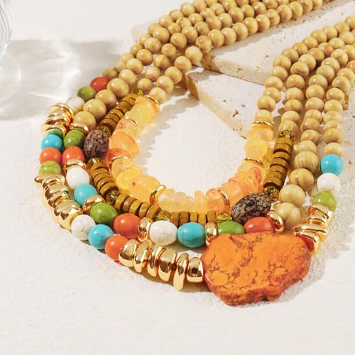 Turquoise Jewelry for Women Chunky Beaded Necklaces Boho Statement Necklace Layered Turquoise Necklaces for Women Fashion Gift - color: Orange