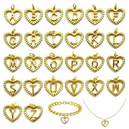 26Pcs 18K Gold Filled Heart Initial Charms for Jewelry Making, Gold A-Z Alphabet Letter Pendants, Double-Sided Ribbed Alphabet Bubble Beads for DIY Necklace Bracelet, Personalized Couples Gifts