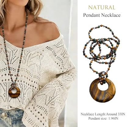 Yomisa Long Necklaces for Women Trendy, 33/34/35 inch | Boho Beaded Necklaces for Women, Natural Stone Pendant, Handmade Knotted Bead, Bohemian Holiday Summer Western Charm Jewelry - color: 33inch-Tiger Eye