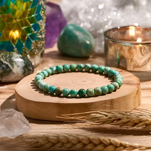 Bivei 6mm Beaded Bracelets for Women Handmade Semi Precious Natural Stone Stretch Elastic Jewelry Yoga Protection Gifts - color: Green Turquoise - Balance, size: Small 6.5-6.7 inch