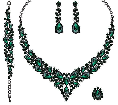 CSY Elegant Crystal Costume Jewelry Sets for Formal Events Gown Accessories | 4-Piece Set Bridal Necklace Earrings Bracelet Ring Set for Brides Eco-friendly Statement Jewelry for Wedding Party Prom - color: emerald green--black tone