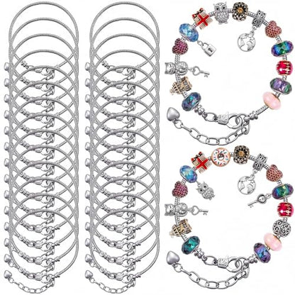 Hicarer 20 Pcs Snake Charm Bracelet Chain Adjustable Bangle Bracelets for Jewelry Making, Gold Silver Stainless Steel Bracelet Chains with Heart Extender for Women DIY Jewelry Making Supplies(Silver) - color: Silver