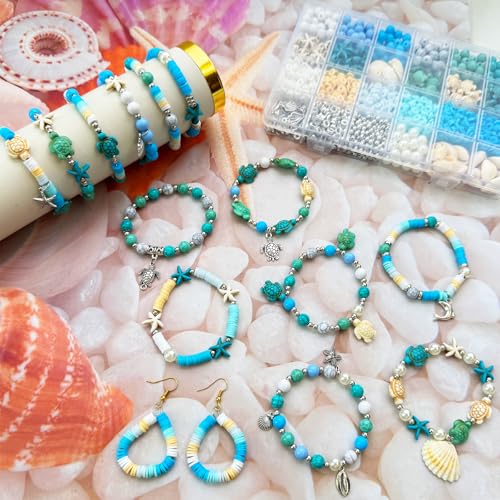 1860Pcs Ocean Beads for Bracelets Making Kit, Blue and White Summer Beach Bead for Jewelry Making, Sea Turtle Shell Starfish Shape Beads 8mm Round Cly Bead for DIY Craft Bracelets Earring (Blue) - color: Blue