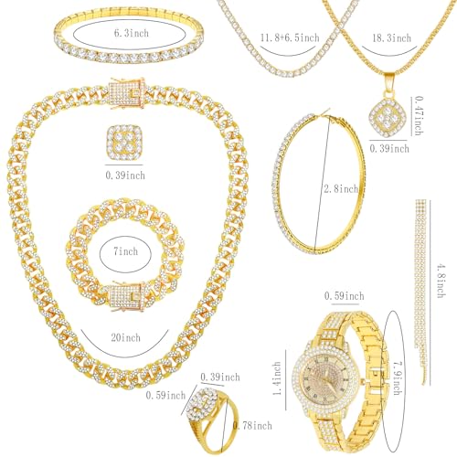 NEWITIN 13 Pieces Silver Jewelry Set for Women Stainless Steel Cuban Link Necklaces Bracelets Earrings Watch Ring Bling Cubic Zirconia Cuban Jewelry Set for Women Men - color: Gold Jewelry Set