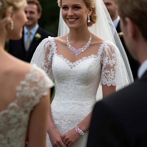 Wedding Bridal Jewelry Set for Women Bride Bridesmaids | Gorgeous Austrian Crystal Teardrop Cluster Statement Necklace Dangle Earrings Link Bracelet Set Prom Jewellery - color: 10-Iridescent AB Silver-Tone