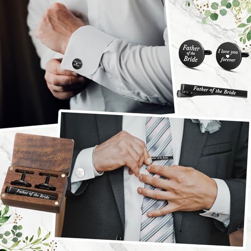 Colingmill Father of the Bride Gift Dad of the Bridegroom Cufflinks Tie Clip Set with Engraved Wood Gift Box for Dad - style: Father of the Bride,Forever,Black