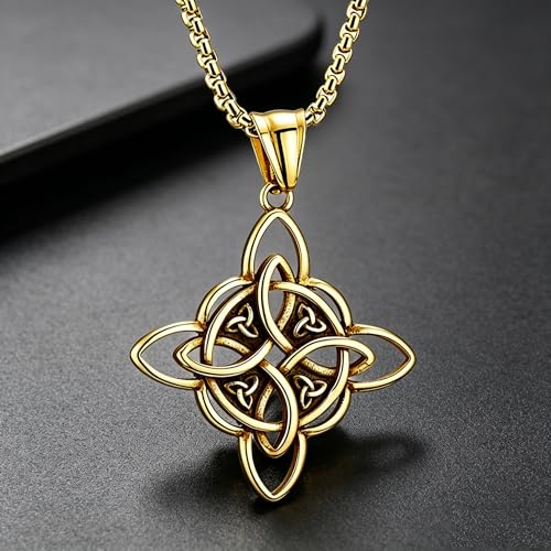 MALOYANVE Celtic Witch Knot Necklace for Men Women Stainless Steel Triquetra Trinity Pendant Irish Celtic Knot Amulet Good Luck Protection Jewelry - color: Gold