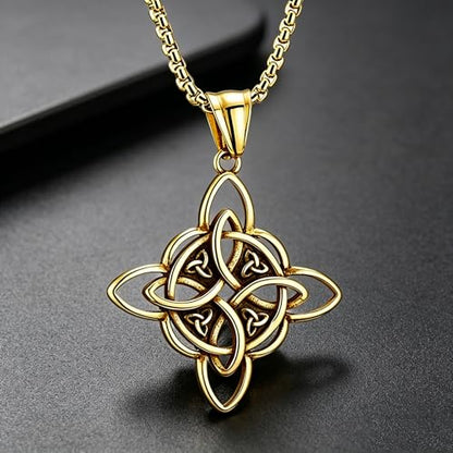 MALOYANVE Celtic Witch Knot Necklace for Men Women Stainless Steel Triquetra Trinity Pendant Irish Celtic Knot Amulet Good Luck Protection Jewelry - color: Gold
