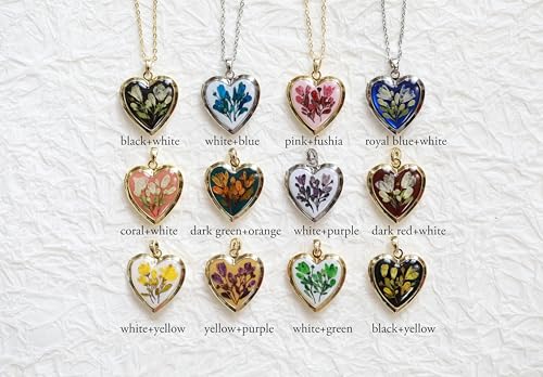 Handmade Dried Pressed Flower Heart Shaped Photo Locket Pendant Necklace - color: Gold, style: Customized pattern with photo
