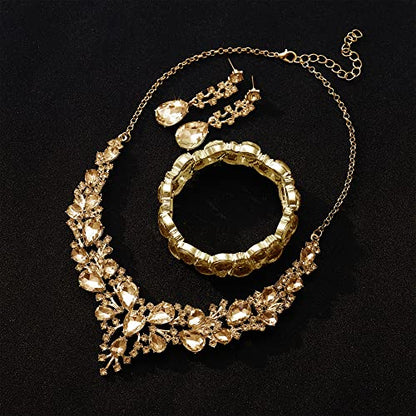 Rhinestone Bridal Jewelry Sets for Women Crystal Necklace Earrings Bracelet Set Silver-Tone Wedding Bridal Bridesmaid Gifts fit with Wedding Dress - color: C:3pcs-Champagne Tone Necklace + Earrings + Bracelet set