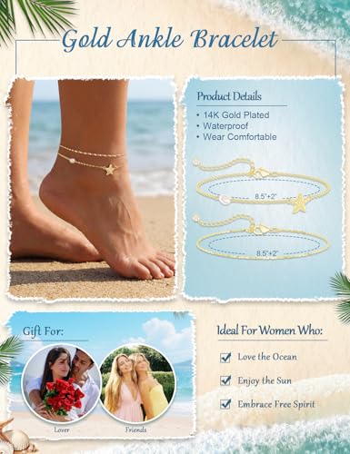 Gold Anklet Set for Women, Layered Beach Anklets | Layered gold-tone ankle bracelets, designed for beach days, vacations, and summer wear - style: Gold Anklet 5