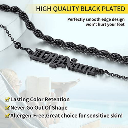 ChainsHouse Double Layer Anklet Bracelet for Women,Adjustable Chain Anklets Stackable Dainty Anklets,Stainless Steel/Gold Plated/Black Ankle Jewelry Gifts - color: C-Black-Rope Chain