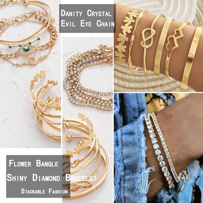 17IF 38-59 Pcs(9-8 Pack) Gold Plated Jewelry Set for Women With 8 Necklace 12 Bracelet 27 Ring 12 Pair Earring Hoop Simple Sparkle for Happy - style: Golden-59Pcs