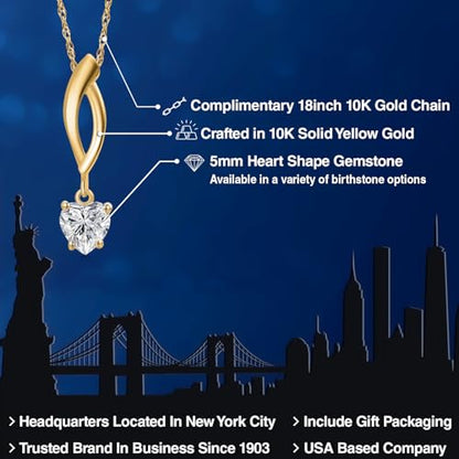Gem Stone King 10K Yellow Gold 5MM Heart Shape Gemstone Birthstone Pendant Necklace for Women | Gold Necklace for Women | With 18 Inch Chain | Fine Jewelry Gift for Her Mom Wife