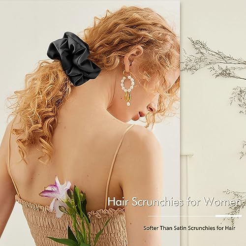 4 PCS Large Silk Satin Scrunchies for Women White Thick Hair Big Scrunchie | Black White Silver Champagne / Stretched 10" Length / No Damage / Gift Box /Diameter: 5 inches / All Hairstyles - color: Black White Silver Champagne, size: 1 Count (Pack of 4)