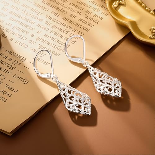BOUTIQUELOVIN Filigree Dangle Earrings for Women Drop Earings | 14K Gold Plated Geometric Dangling Leverback Earrings Silver Hypoallergenic Dangly Earings Lightweight Daily Jewelry Gifts - color: A-Silver