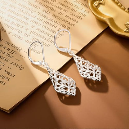 BOUTIQUELOVIN Filigree Dangle Earrings for Women Drop Earings | 14K Gold Plated Geometric Dangling Leverback Earrings Silver Hypoallergenic Dangly Earings Lightweight Daily Jewelry Gifts - color: A-Silver