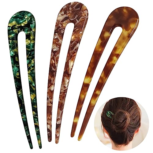 HYFEEL French Hair Pins U Shape Updo Hair Forks 2 Prong Bun Twist Chignon Stick Clips for Women Hair Accessories, 3 Pcs (Green,Tortoise,Brown Floral) - color: Green, Tortoise, Brown Floral